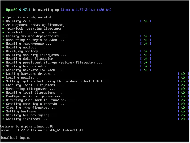 Une capture d'écran de la console Alpine Linux.