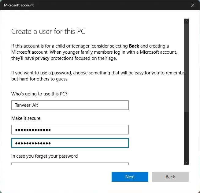 Creación de un ID y una contraseña para una cuenta que no sea de Microsoft.