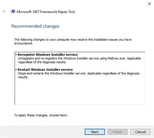 Vista de cambios recomendados en la herramienta de reparación de .NET Framework.
