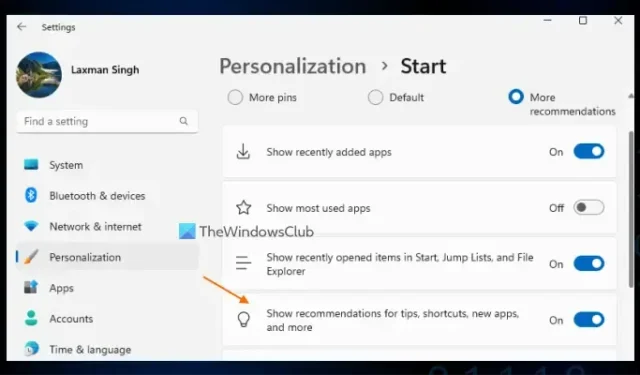 Desactive Mostrar recomendaciones para sugerencias, accesos directos, nuevas aplicaciones en Windows 11