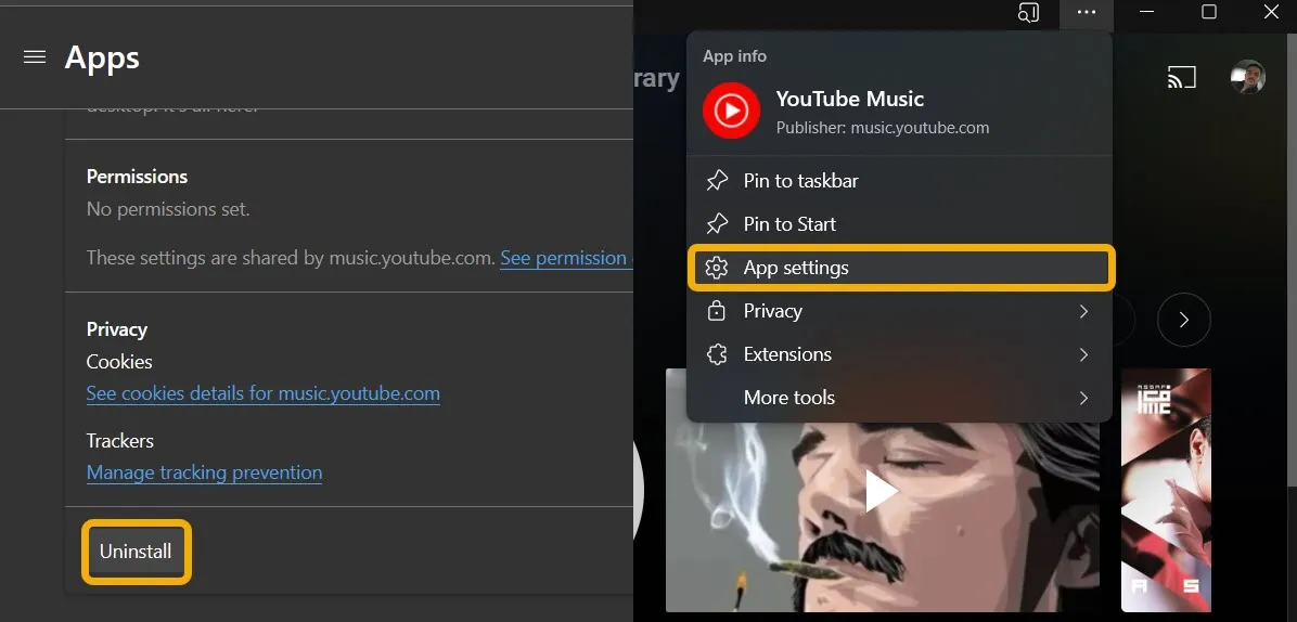 Microsoft Edge でインストールした場合、YouTube Music アプリをアンインストールします。