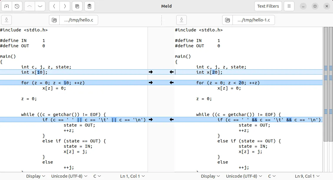 シンプルな 2 つのファイル比較ビューを含む Meld プログラムのスクリーンショット。