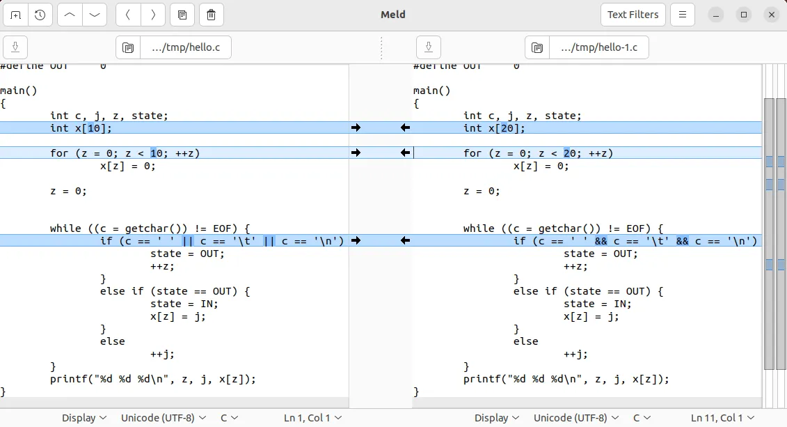 簡単な差分を示す Meld プログラムのスクリーンショット。