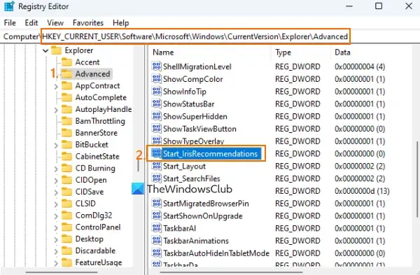 use el registro para desactivar Mostrar recomendaciones de Windows 11