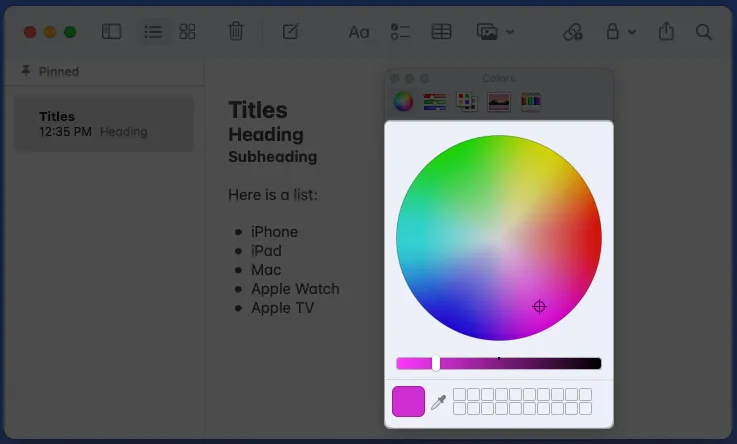 Use o vagão de cores para selecionar um estilo de fonte