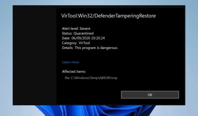 VirTool:Win32/DefenderTamperingRestore：如何刪除