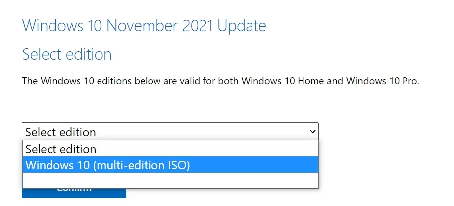 ISO di aggiornamento di Windows 10 novembre 2021