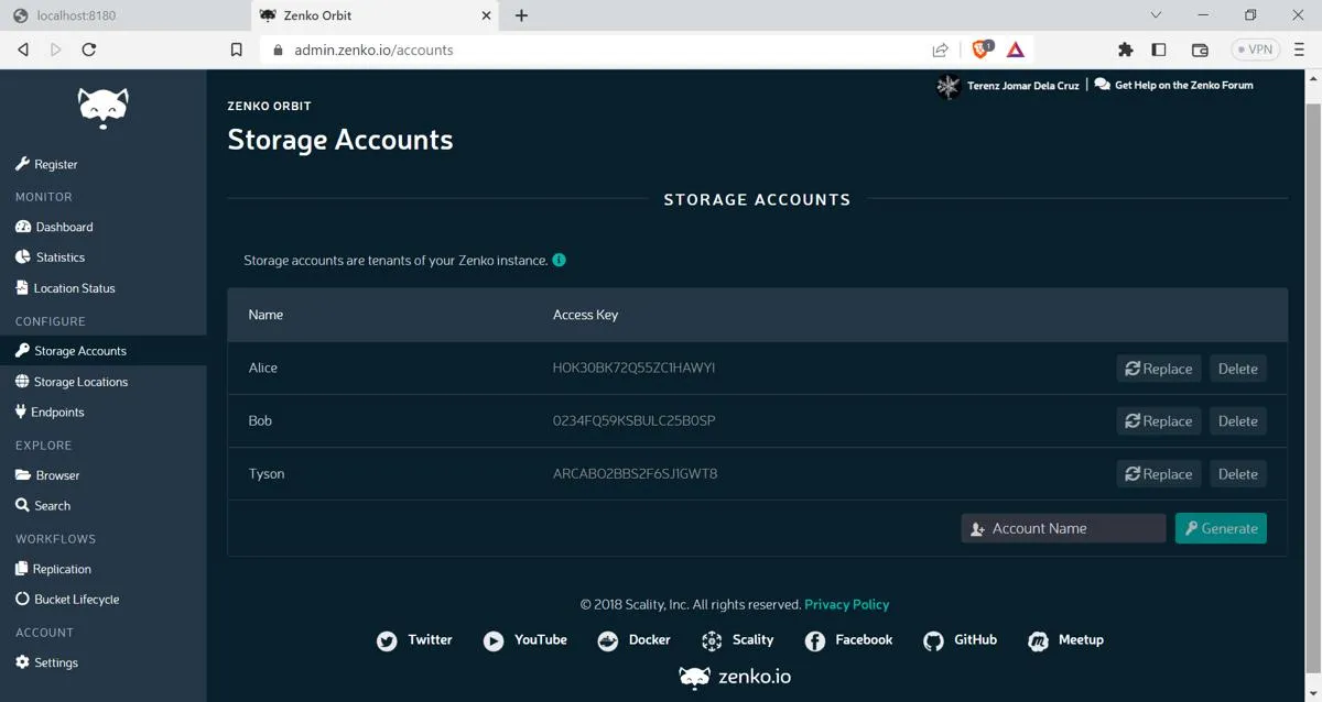 Zenko Orbit pour afficher la vue des comptes de stockage de l'instance de gestion du cloud Zenko Cloudserver