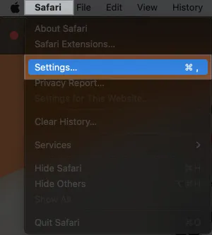Accédez à Safari dans la barre de menu, sélectionnez Paramètres