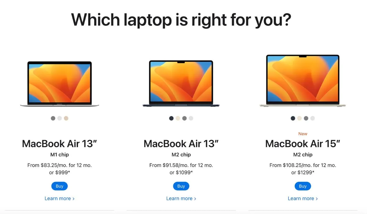 Différence de prix entre Macbook Air 13 pouces et 15 pouces