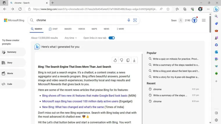 interação de ai de anúncio de bate-papo do Bing no Edge para Chrome