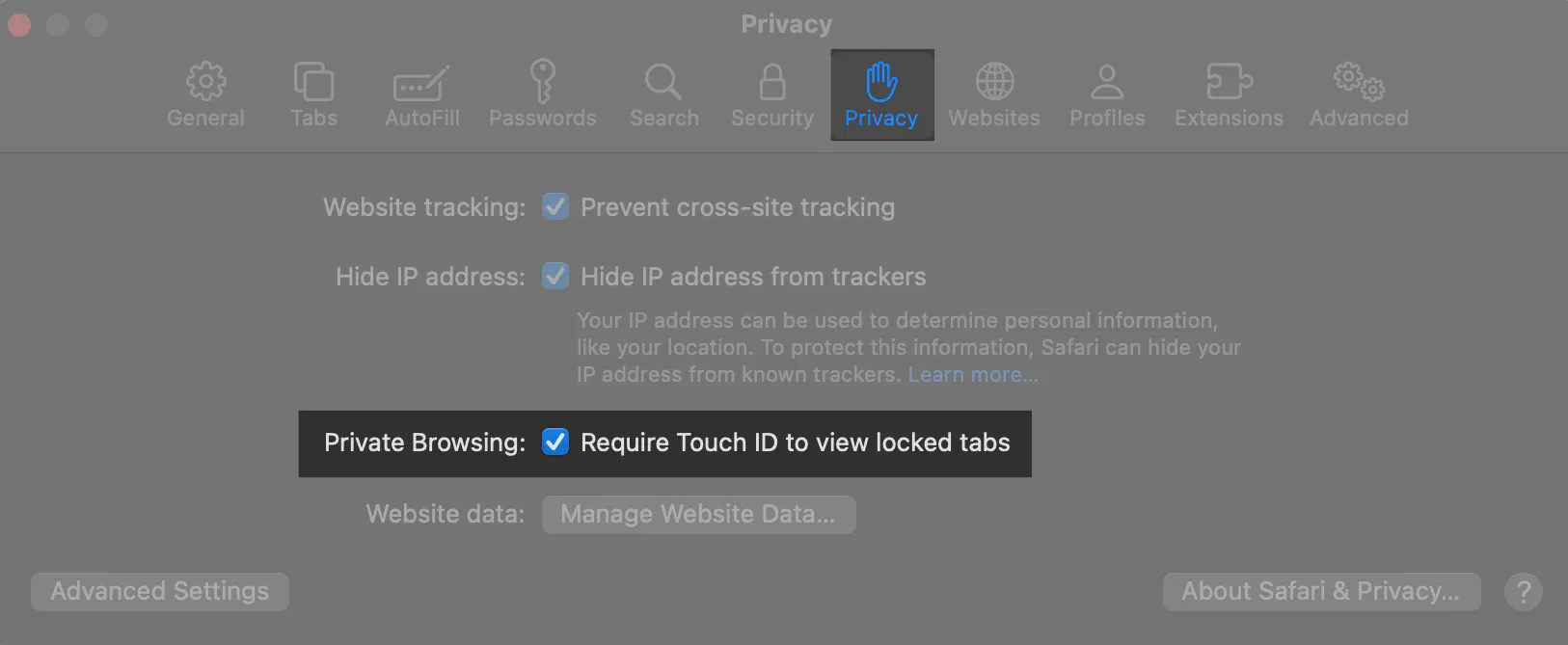 Accédez à Confidentialité, activez Exiger Touch ID pour afficher les onglets verrouillés