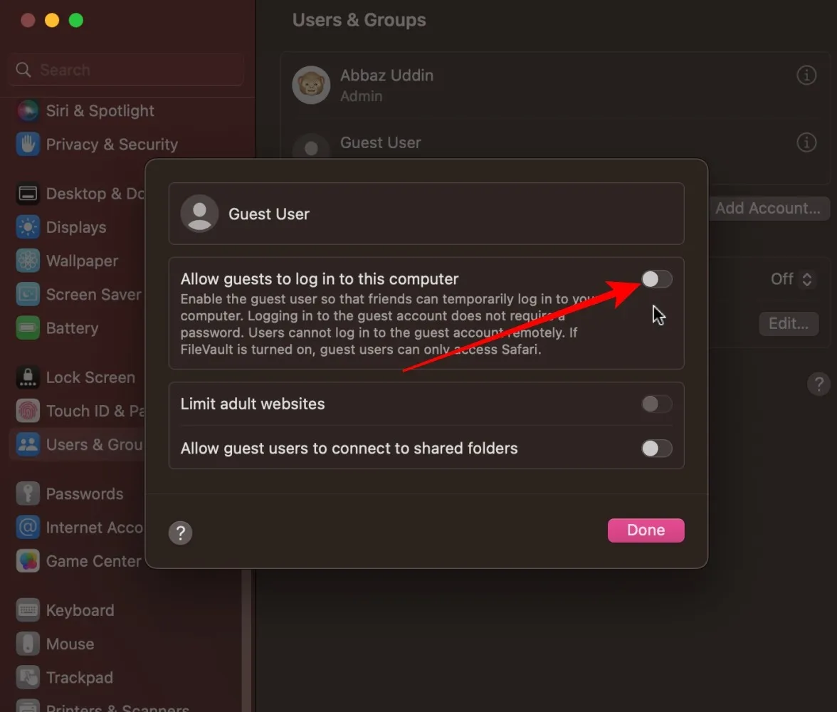 Permitir a los usuarios invitados acceder a este botón de computadora en Macos