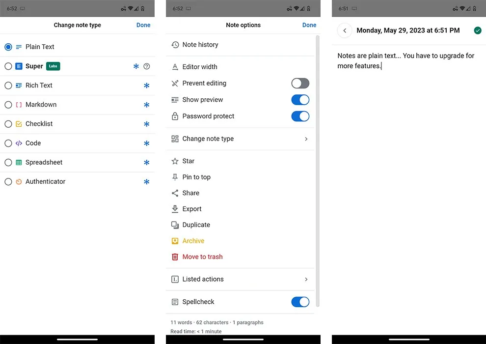 Captures d'écran de l'application Standard Notes sur Android.