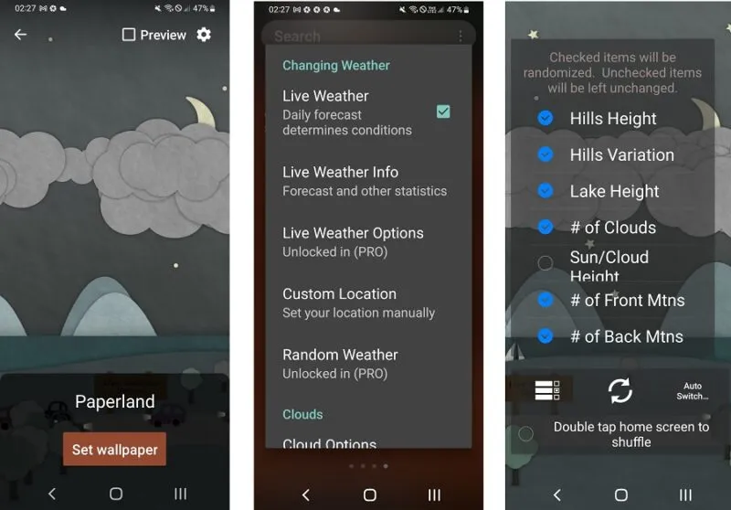 Impostazioni dello sfondo di Paperland Android e caratteristiche casuali come colline, laghi e sole/nuvola.