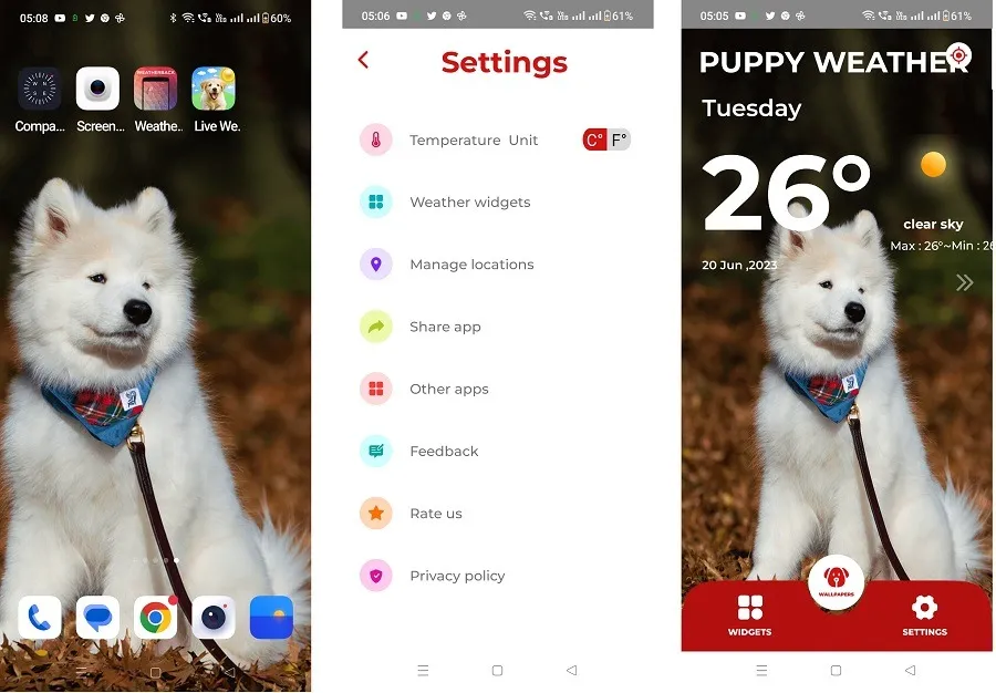 Android의 강아지 날씨 배경 화면입니다.
