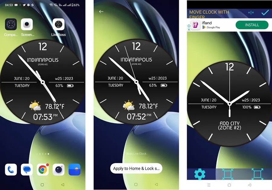 Quadrante dell'app Weather Clock Live visibile sulla schermata iniziale.