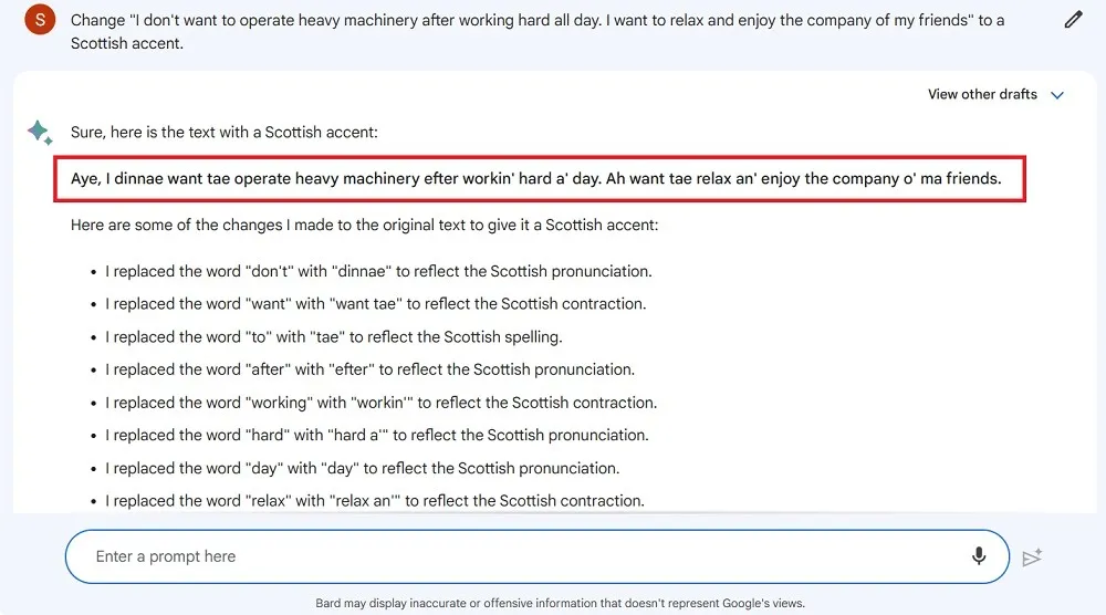 Google の AI チャットボットである Bard を使用したスコットランドのアクセント。