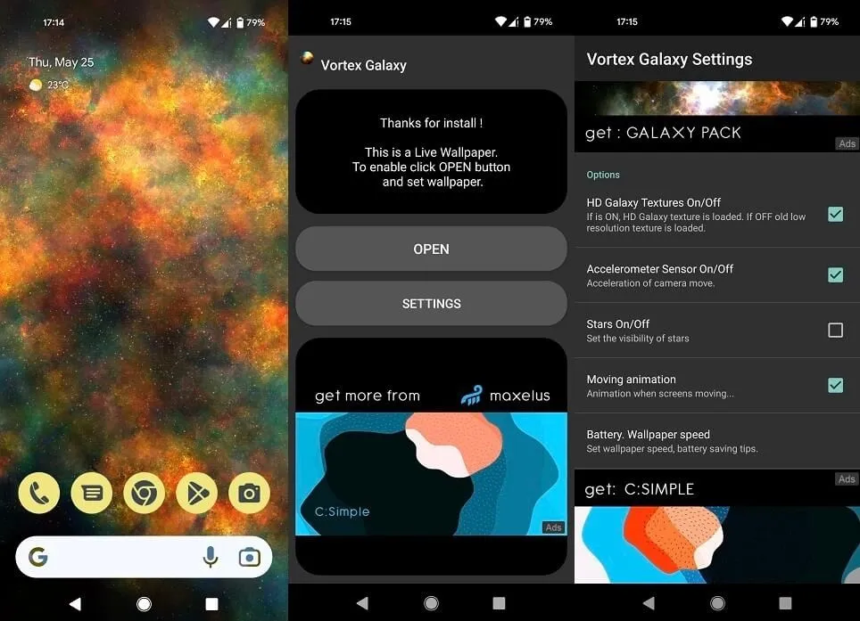 Übersicht über die Vortex Galaxy-App.