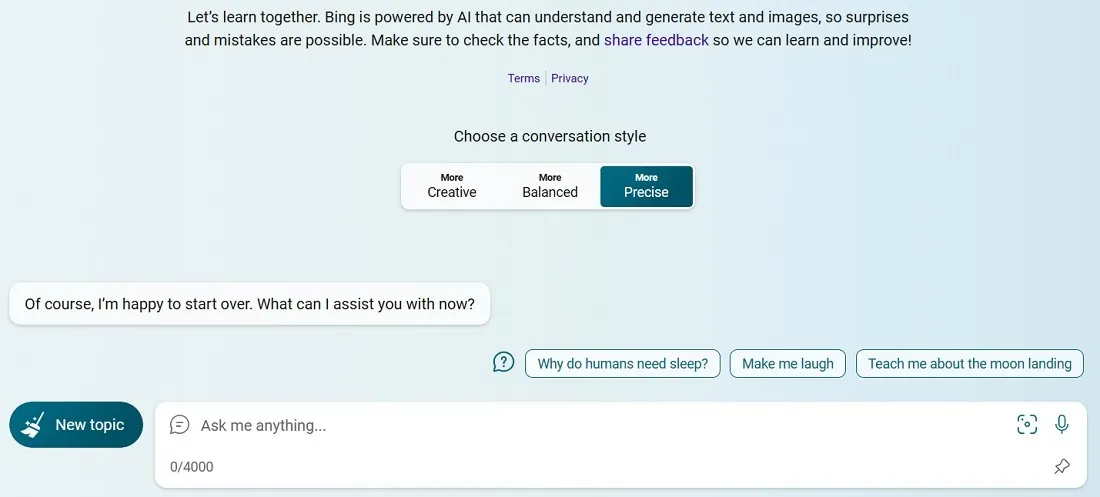 ChatGPT を有効にして、Bing Chat でより正確な会話スタイルを選択します。