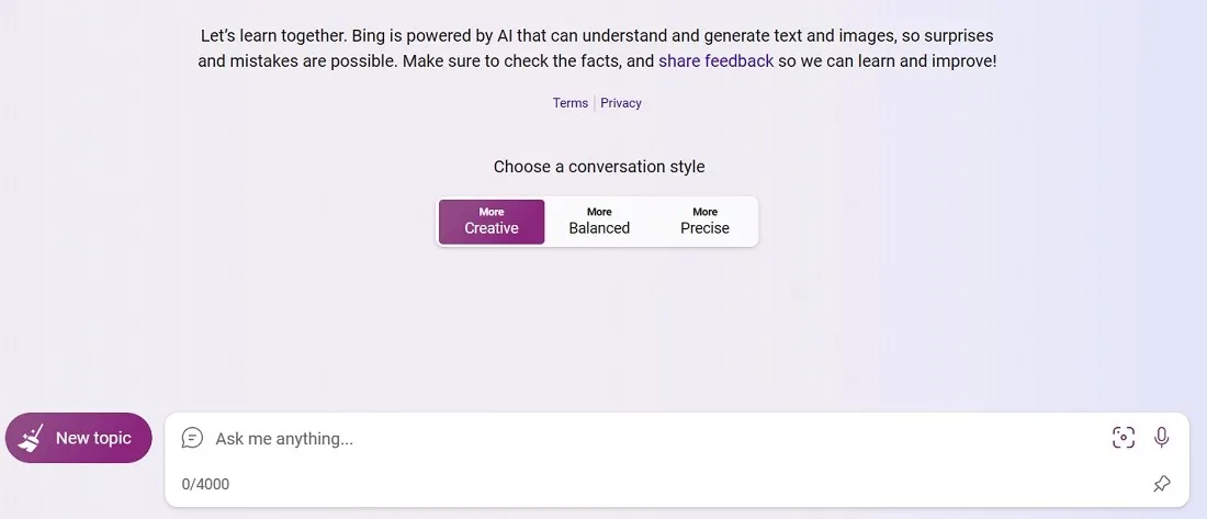Escolha um estilo de conversa mais criativo no Bing Chat com o ChatGPT ativado.