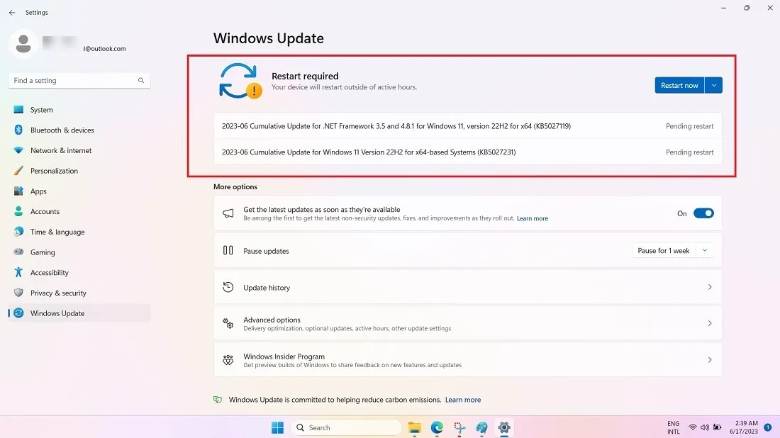 Atualização mais recente do Windows 11 instalada no dispositivo com reinicialização pendente.
