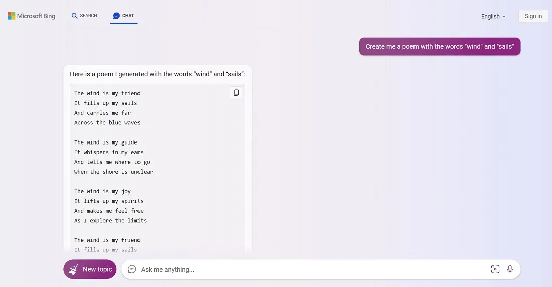 Gedicht gemaakt met ChatGPT-gestuurde Bing Chat in een Edge-browser in Windows 11.