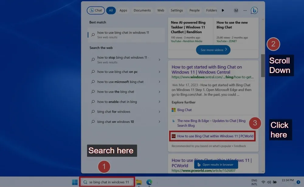 As principais etapas do uso do Bing Chat usando o ícone de pesquisa da barra de tarefas do Windows 11.