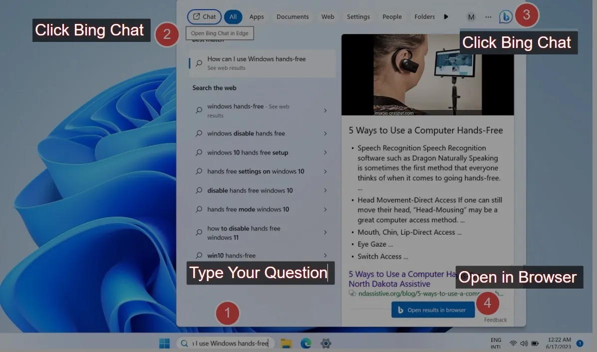 ChatGPT gebruiken in Bing Chat op de zoekbalk van Windows 11.