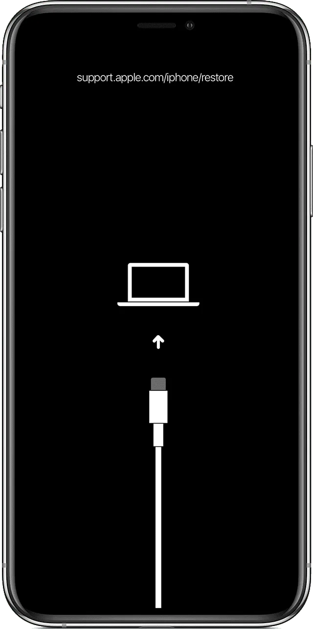 Zwart iPhone Recovery Mode-scherm met een kabel die naar een laptop wijst