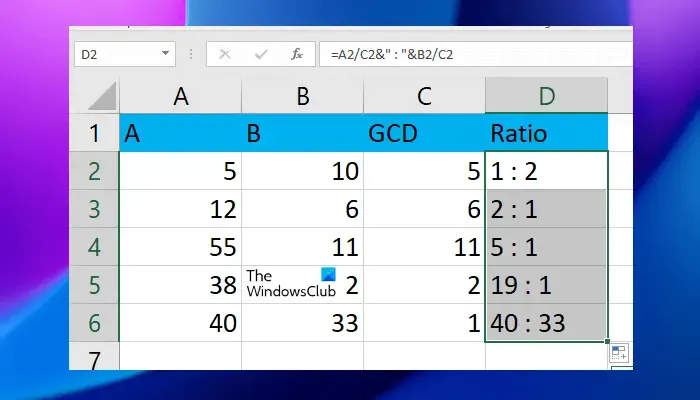 calcular a proporção no Excel usando o valor GCD