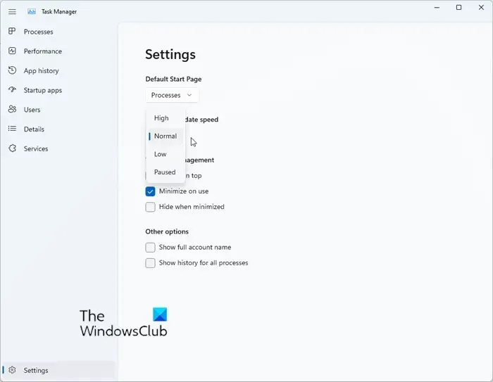 Alterar a velocidade de atualização em tempo real no Gerenciador de tarefas do Windows 11