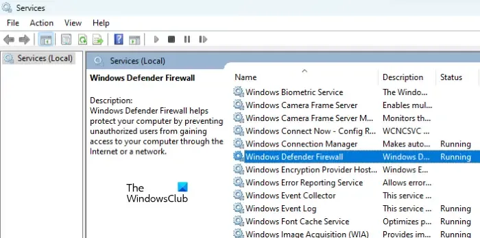 Verifique o status do serviço Windows Defender Firewall