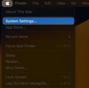Clique no logotipo da Apple e nas configurações do sistema no macOS Ventura