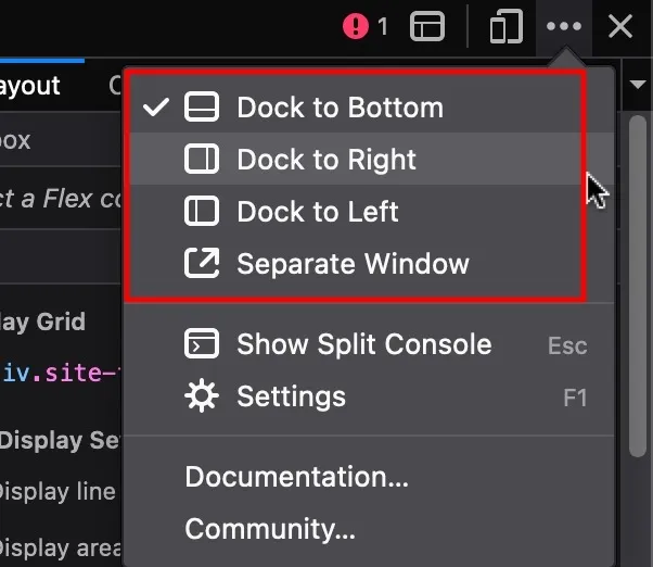 Posizione diversa del dock di ispezione su Firefox in un Mac