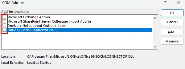 Wyłącz wszystkie dodatki w programie Outlook — błąd programu Outlook 0x800CCE05