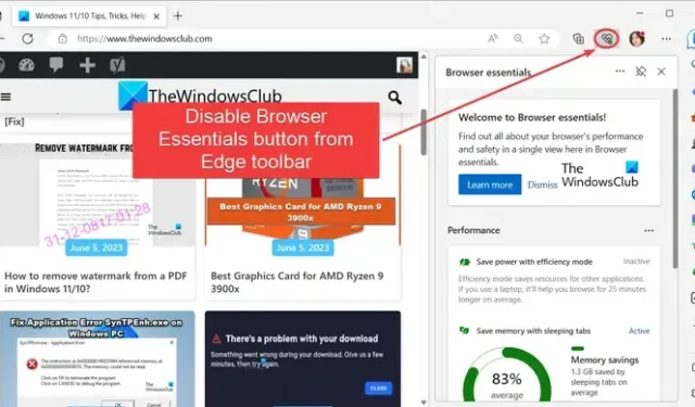 Desabilitar o botão Essentials do navegador (coração) na barra de ferramentas do Edge