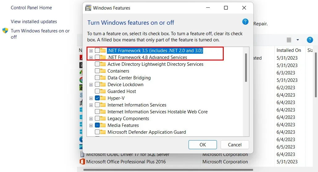 Windows の機能で .NET Framework オプションのチェックを外します。