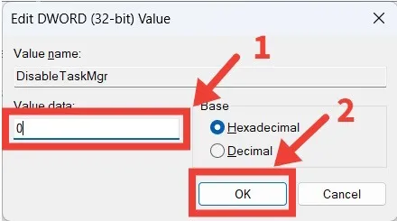 Le processus de définition d'une valeur dans l'éditeur de registre Windows.