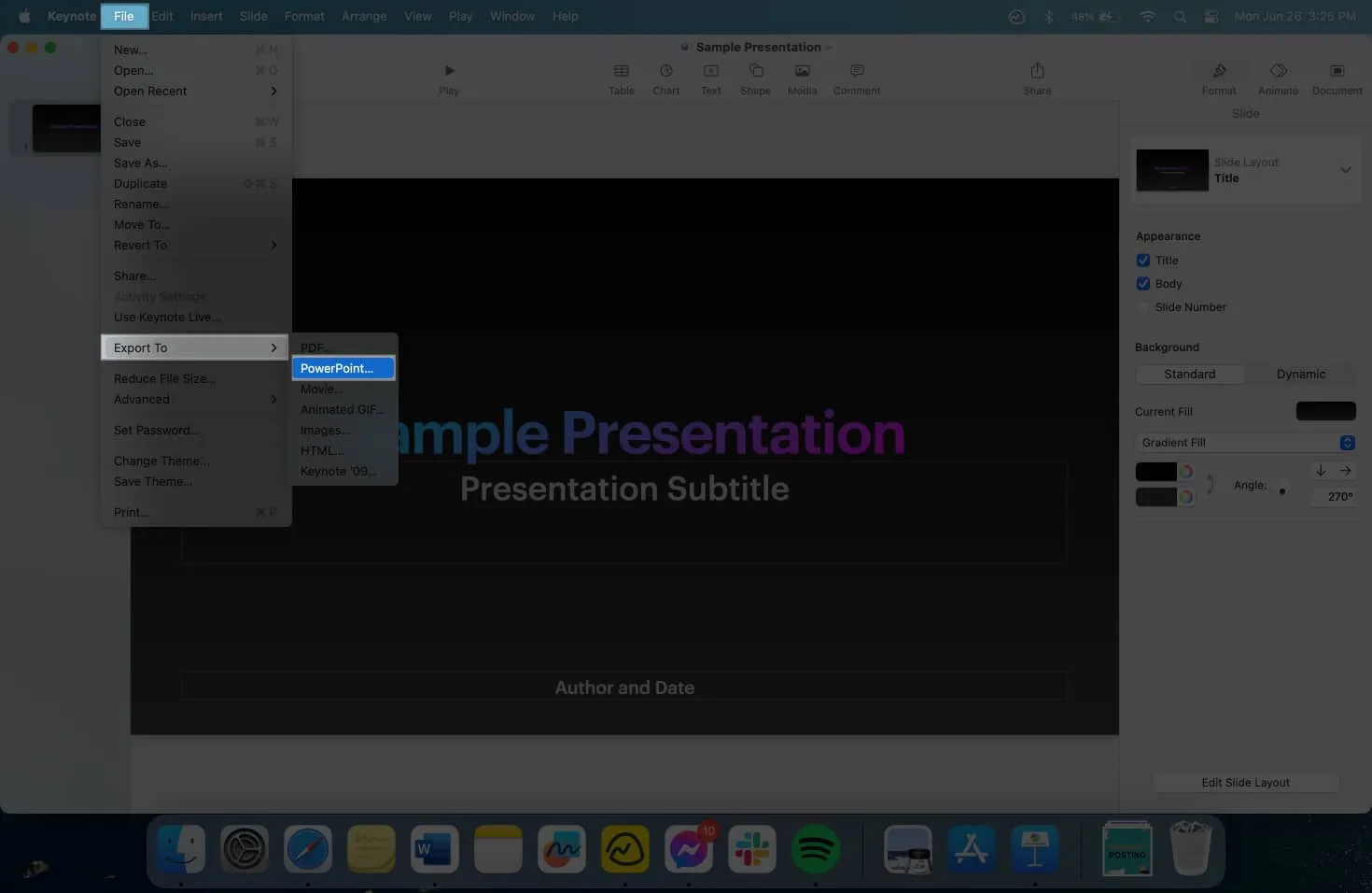 Exportar arquivo de keynote do Mac