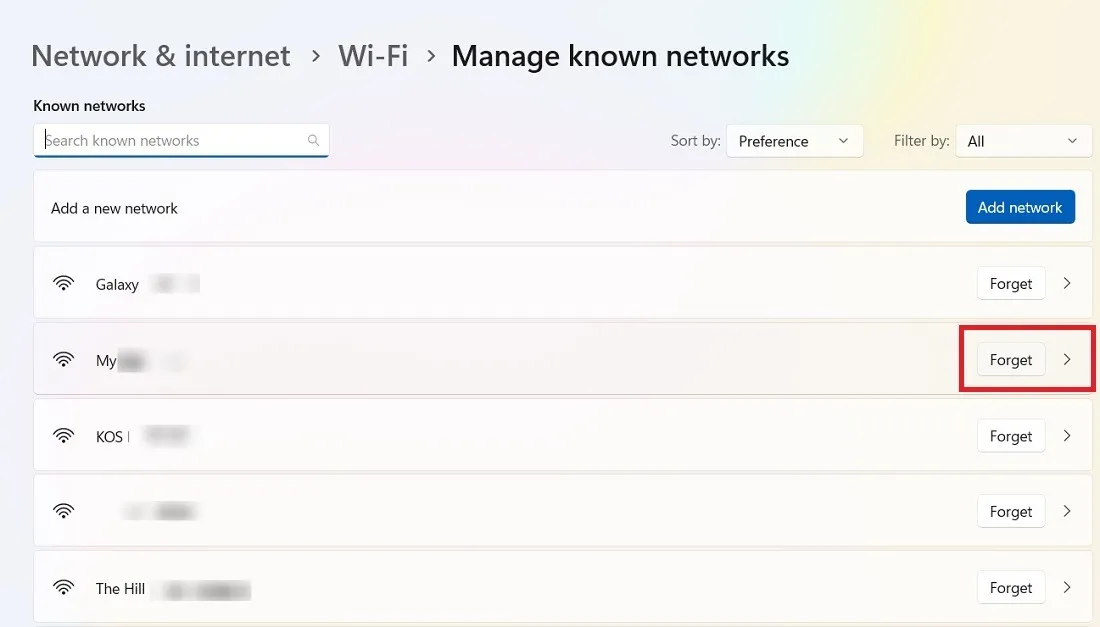 從網絡和互聯網設置中忘記 Wi-Fi 網絡。