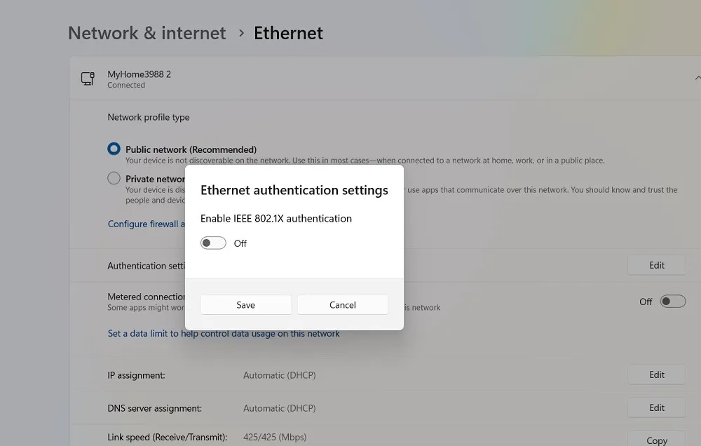 Disattivare l'autenticazione IEEE 802.1X nelle impostazioni di autenticazione Ethernet.
