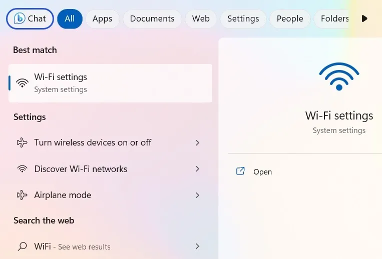 從 Windows 搜索菜單中打開 Wi-Fi 設置，