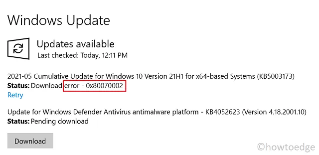 Windows Updateエラー0x80070002を修正
