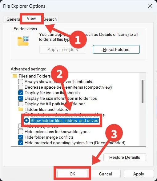 Il processo di rivelazione delle cartelle nascoste in Opzioni cartella su Windows.