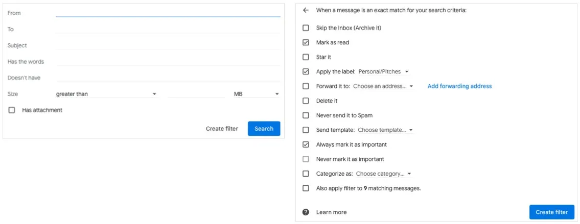 Gmail Utwórz ekrany filtrów