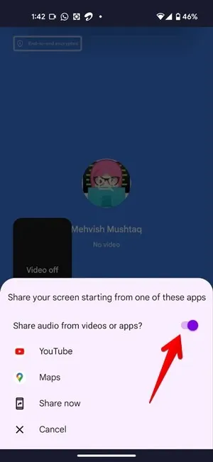 Pantalla de videollamada de Google Meet Android Compartir con audio