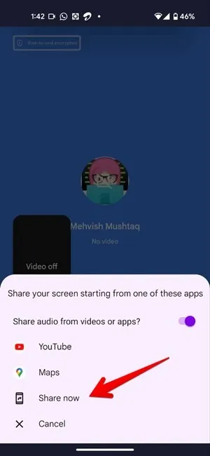 Google Meet Android-Videoanruf: Den gesamten Bildschirm teilen