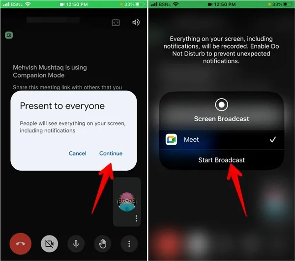Google Meet Iphone Scherm delen Bevestigen