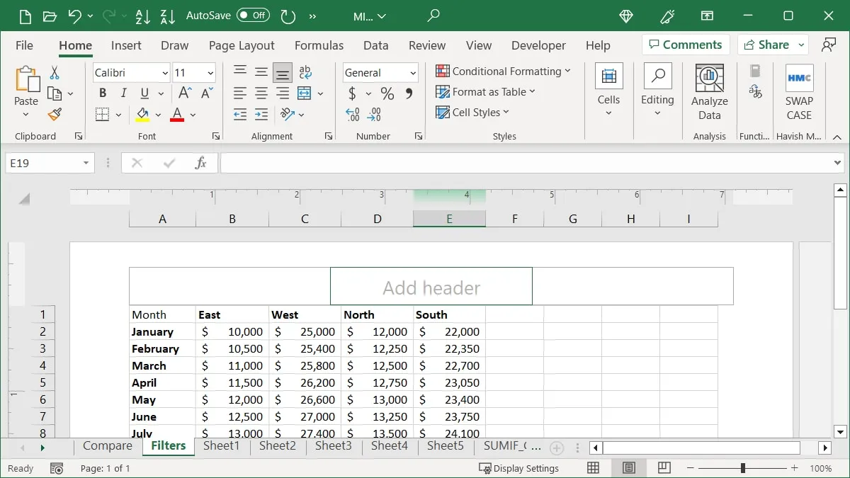 Zone d'en-tête dans Excel